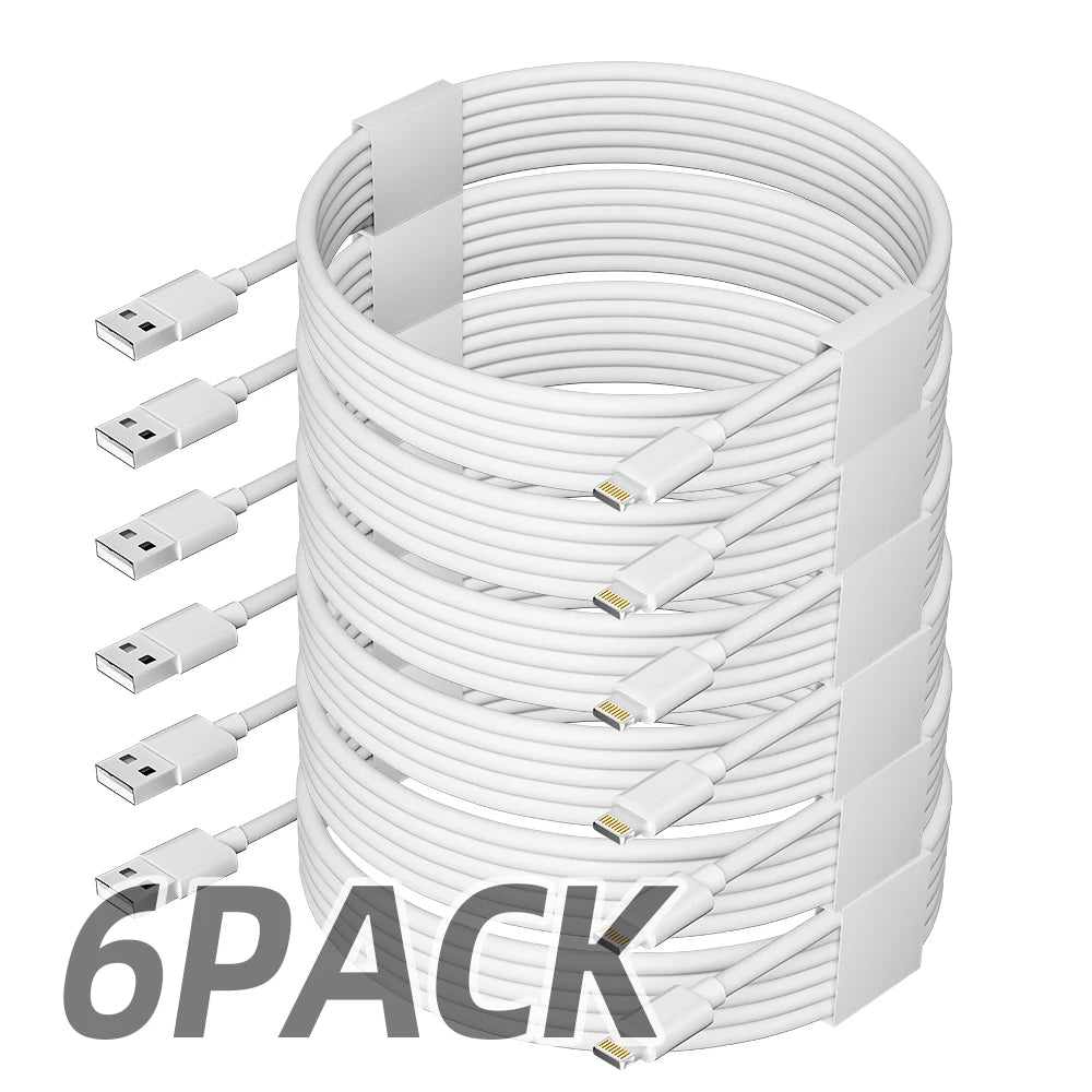 6-Pack Lightning Cables | 6ft 2.4A Fast Charging for iPhone, iPad & iPod