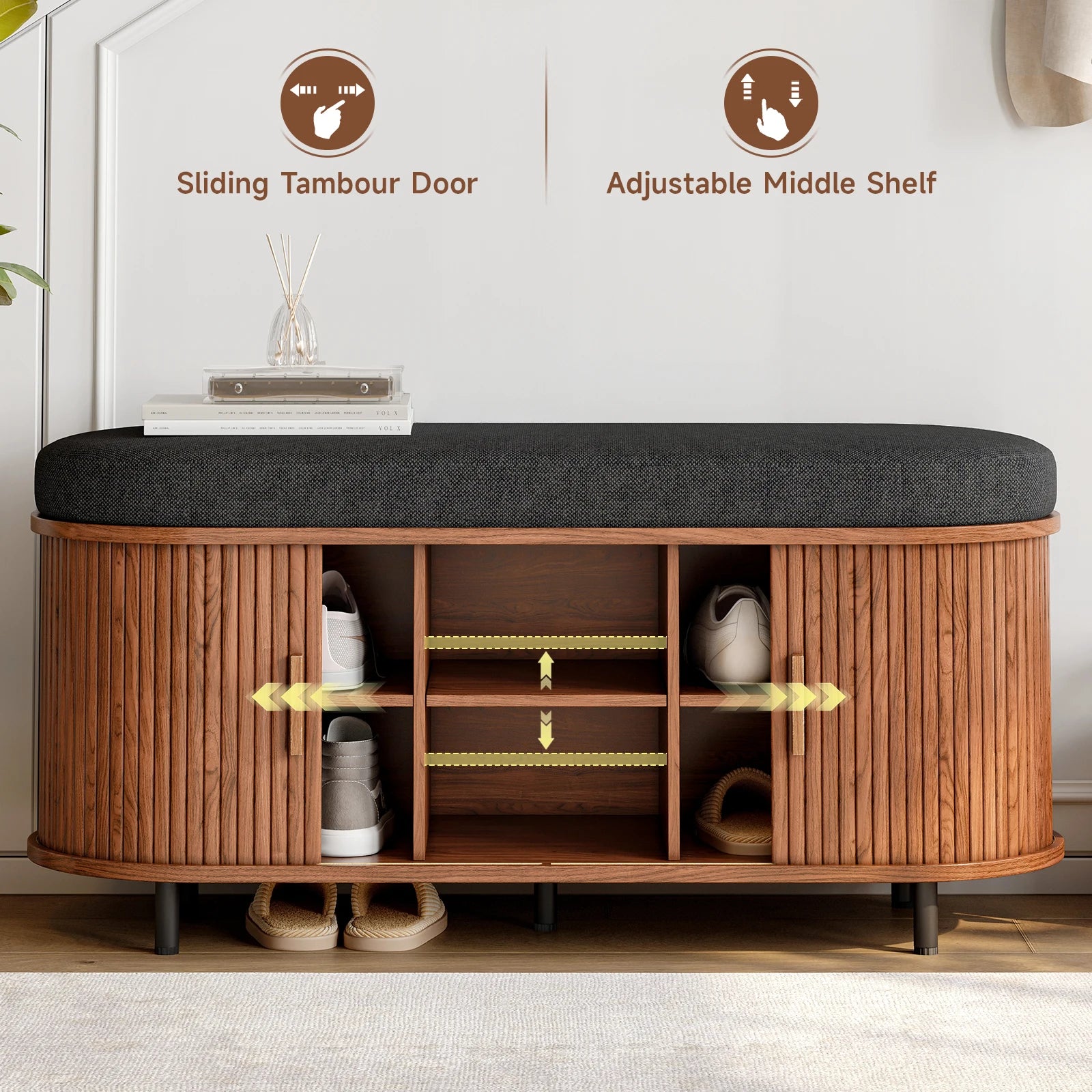 43" Shoe Storage Bench with Cushion — 3-Tier Organiser, Sliding Tambour Door, Removable Shelf