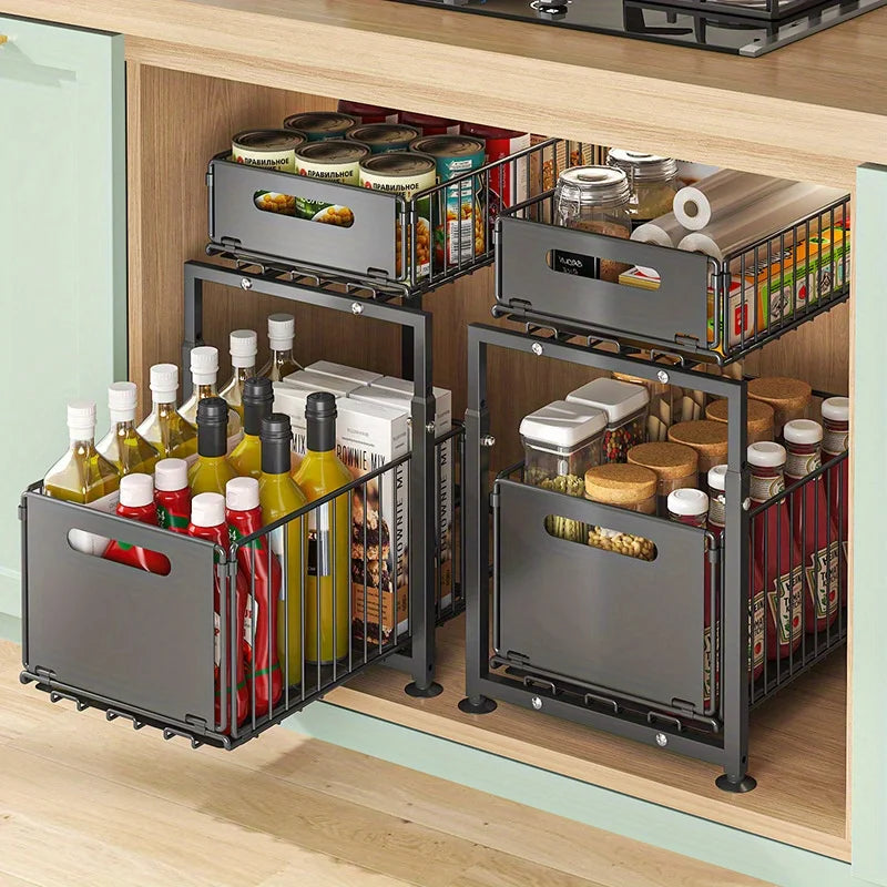 AEHOME 2-Tier Slide-Out Cabinet Organizer | Heavy Duty Steel, Under Sink Storage for Kitchen & Bathroom