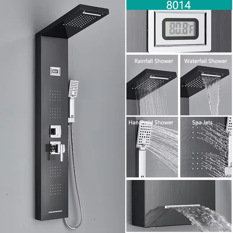 Black/Brushed Stainless Steel 5-function Waterfall Rain Shower Panel with Massage System Tub Spout and Handshower Shower Column