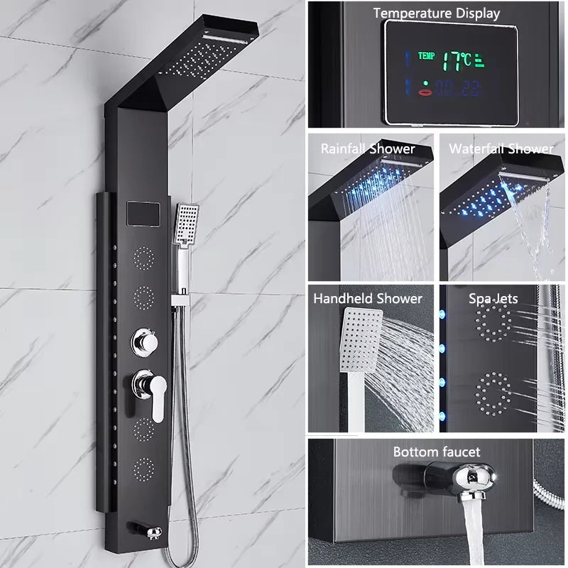 Black/Brushed Stainless Steel 5-function Waterfall Rain Shower Panel with Massage System Tub Spout and Handshower Shower Column