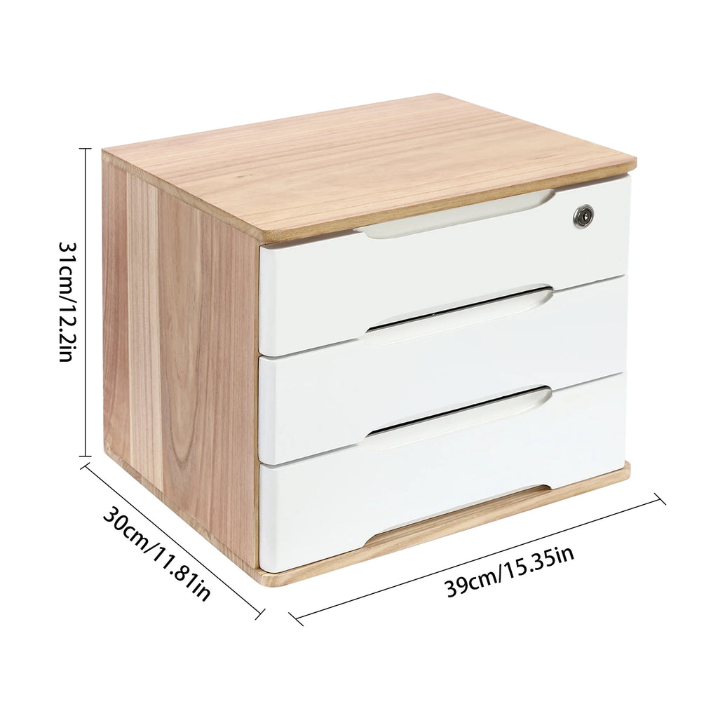 1/2/3 Tier Desktop Storage Box, Wooden Drawer Organizer with Lockable Drawers, No Assembly Required
