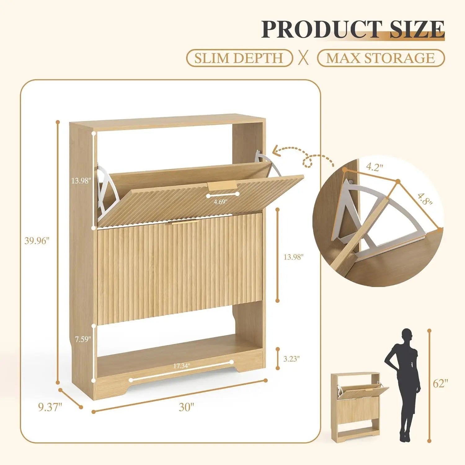 Slim Fluted Shoe Cabinet with 2 Flip Drawers — Hidden Storage, Adjustable Shelves, Anti-Tip, 30"W