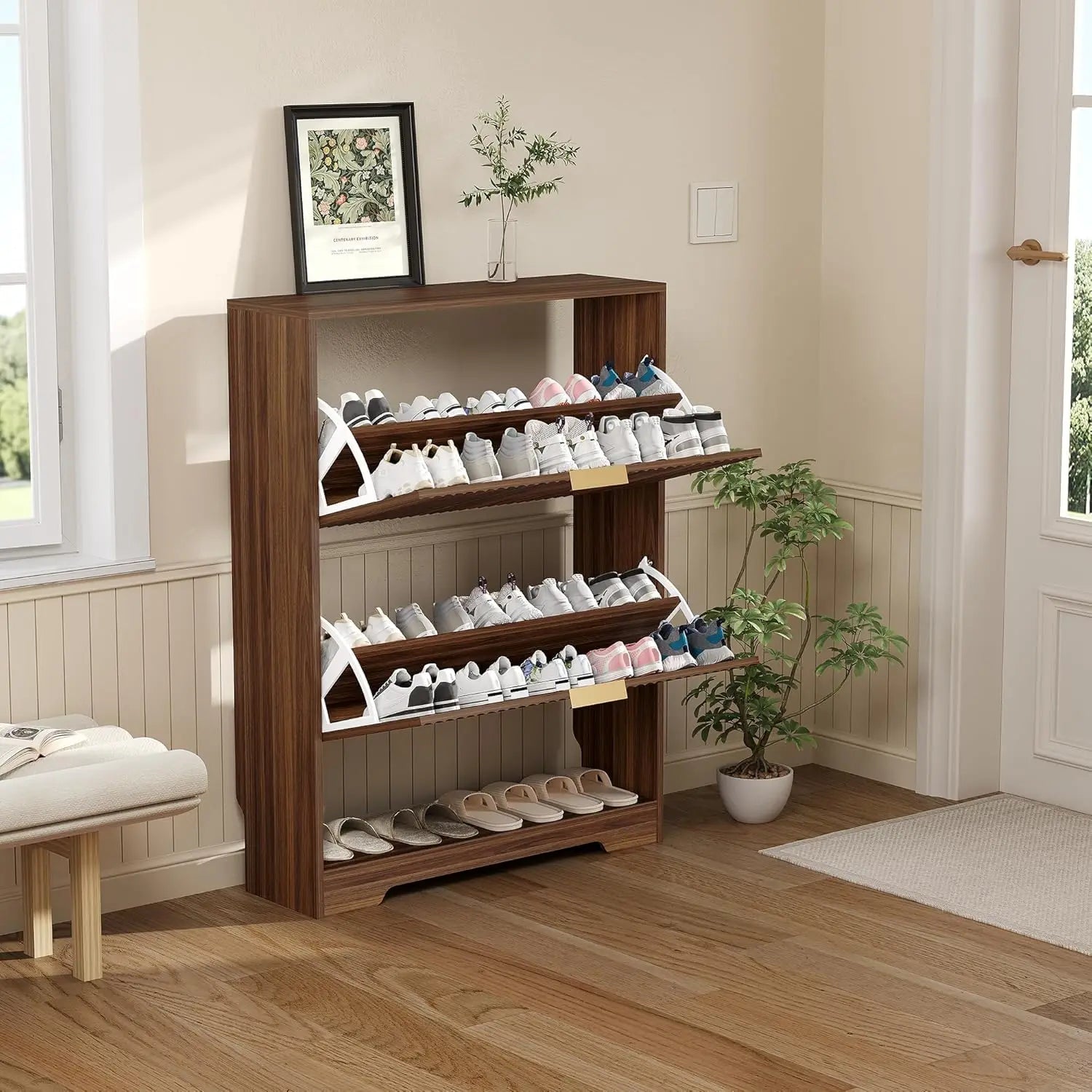 Slim Fluted Shoe Cabinet with 2 Flip Drawers — Hidden Storage, Adjustable Shelves, Anti-Tip, 30"W