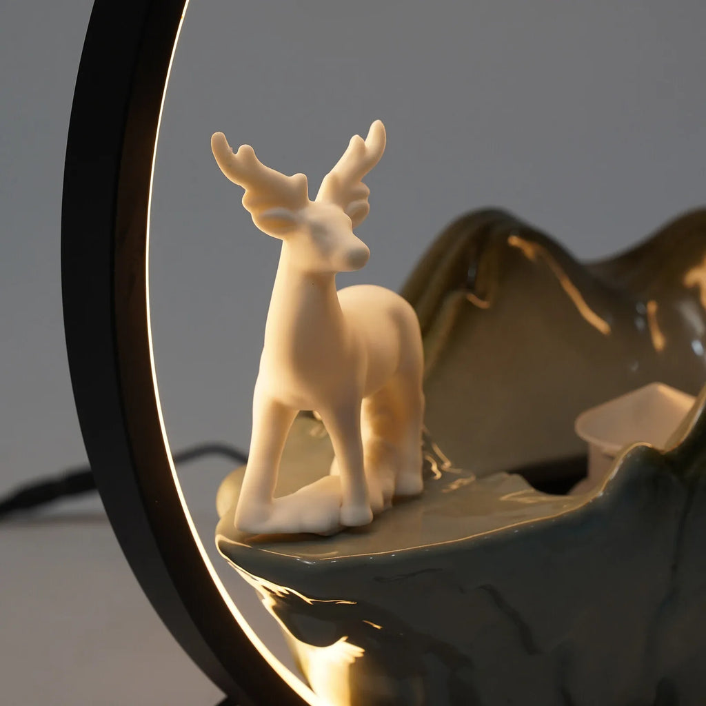 Ceramic Tabletop Fountain with Mist, LED & Deer Figurine | Indoor Zen Decor