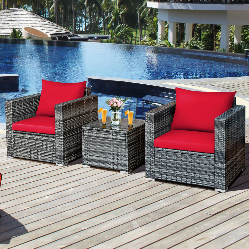 HOMASIS 3-Piece Rattan Patio Bistro Set – Cushioned Sofa Chairs & Tempered Glass Coffee Table for Garden & Poolside