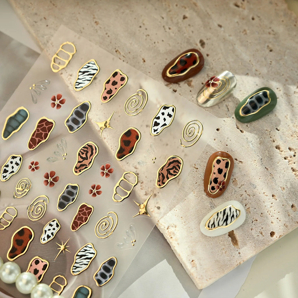 Retro Animal Print Nail Art Stickers – Gold Stars, Leopard, Zebra & Cow Print Manicure Decals