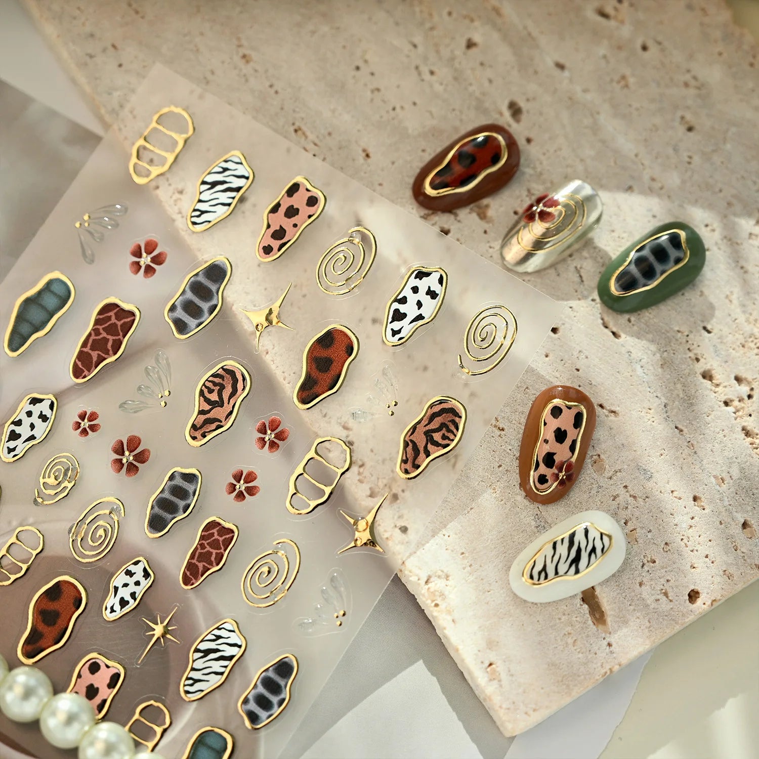 Retro Animal Print Gold Stamped Stars Flowers Geometric Nail Art Stickers Leopard Print Zebra Stripes Cow Print Manicure Decals