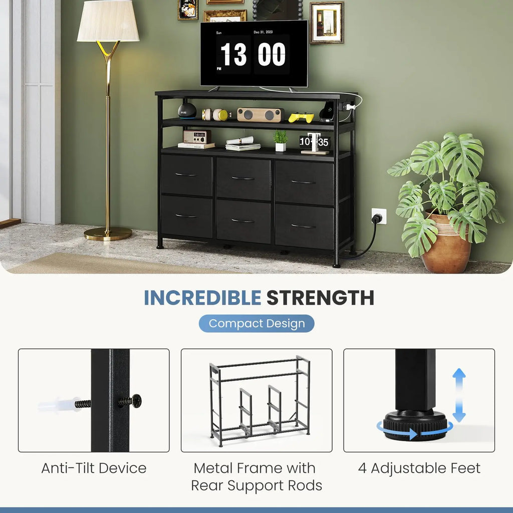 JHK TV Stand with 6 Fabric Drawers & LED Lights — Fits Up to 45" TV, Charging Station, Wood Top