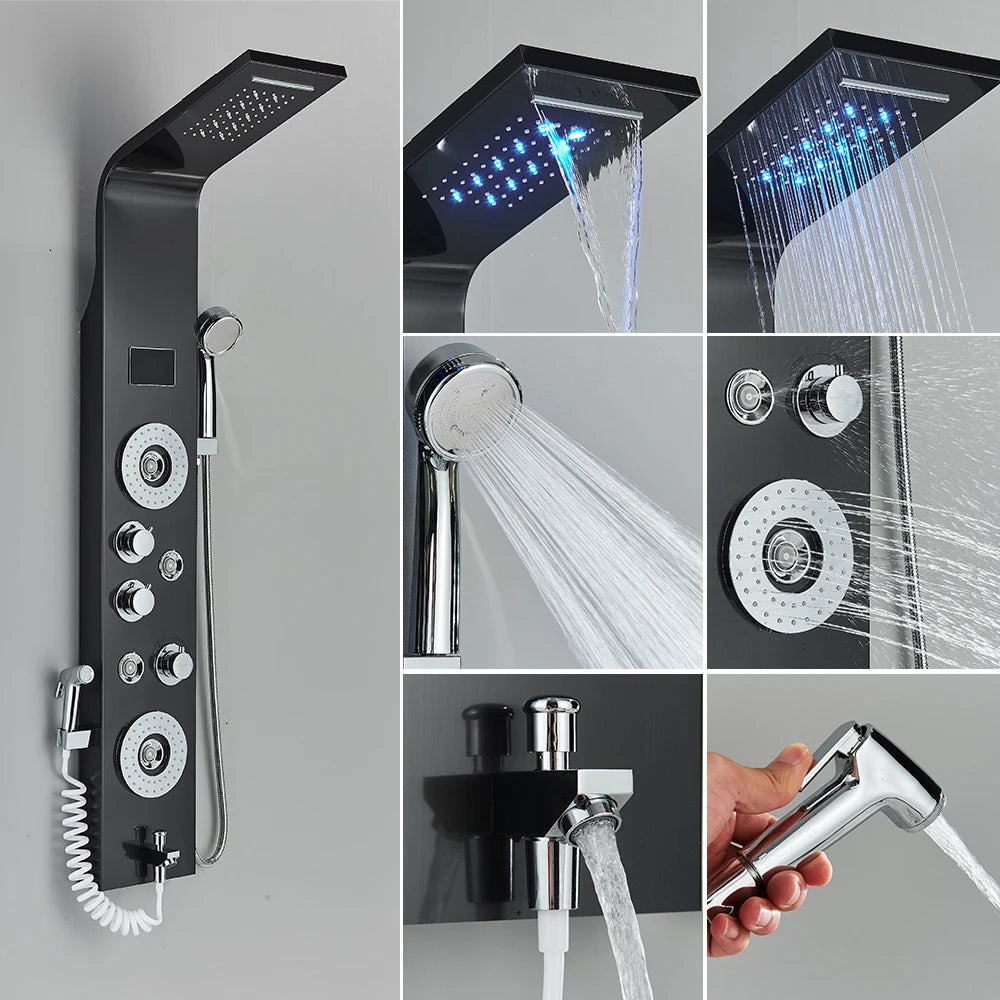 Luxury Black/Brushed Bathroom Shower Faucet LED Shower Panel Column Bathtub Mixer Tap With Hand Shower Temperature Screen