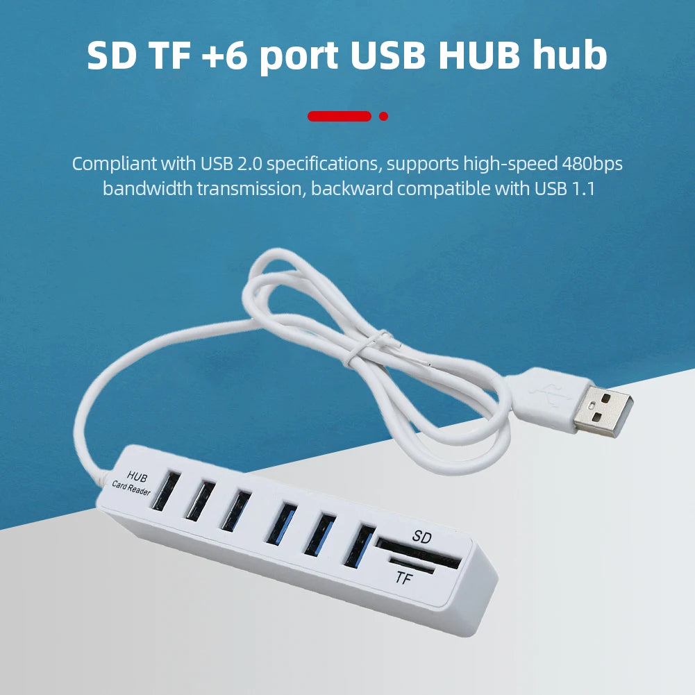 APWIKOGER 8-in-1 USB 2.0 Hub | 6 USB Ports + SD & TF Card Reader