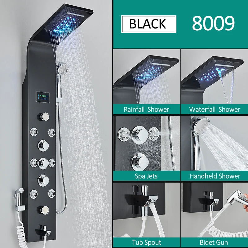 6-Function LED Shower Panel — Rain, Waterfall, Massage Jets, Bidet & More | Brushed Black Nickel