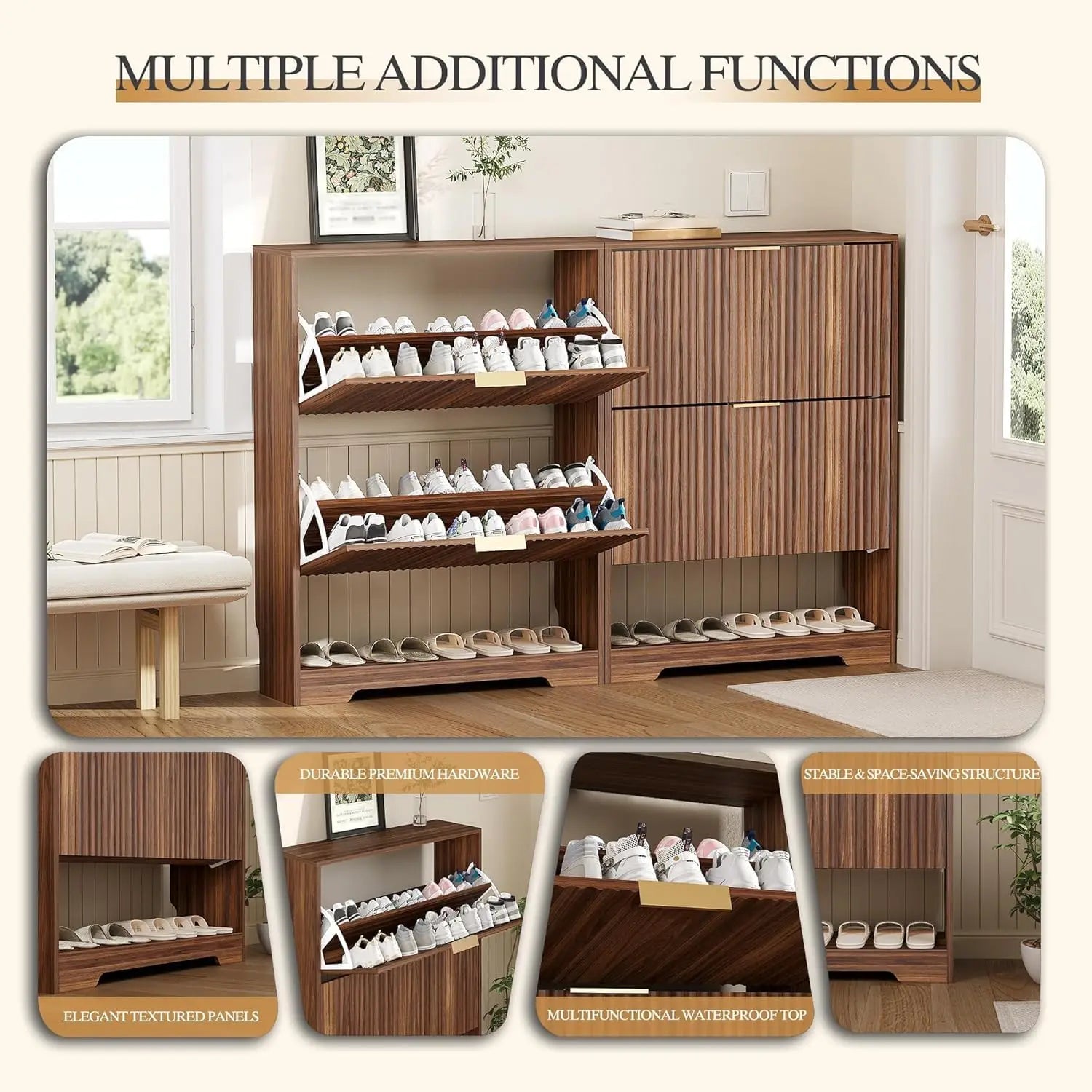 Slim Fluted Shoe Cabinet with 2 Flip Drawers — Hidden Storage, Adjustable Shelves, Anti-Tip, 30"W