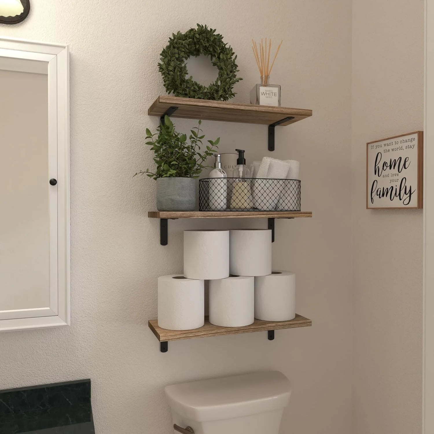 Wood Floating Shelves Set of 6 | Farmhouse Wall Shelves for Bedroom, Bathroom & Living Room