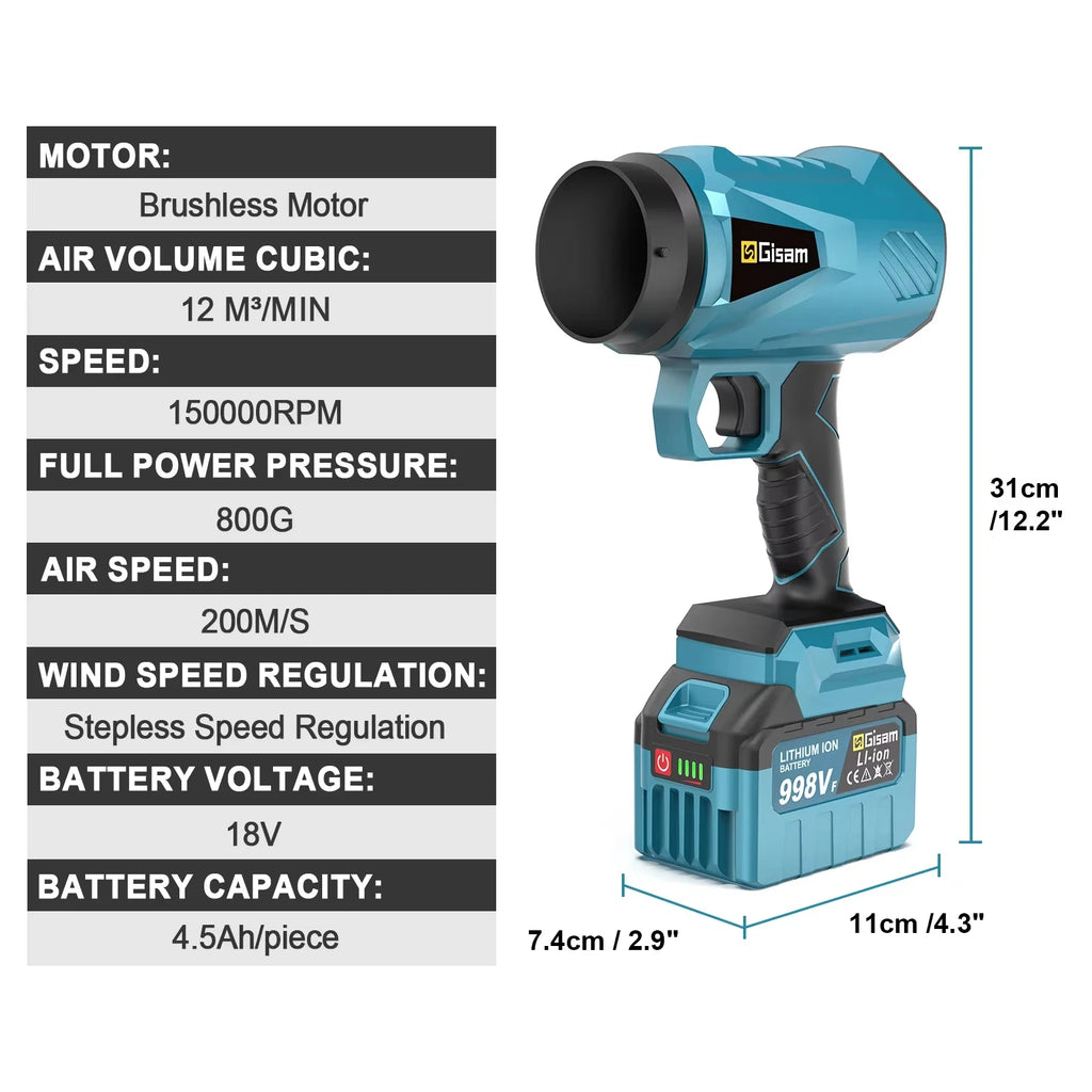 Gisam 200M/S Brushless  Leaf Blower 150000RPM Handheld Electric Turbo Blowers Jet Fan Dust Blowing for Makita 18V Battery Pins