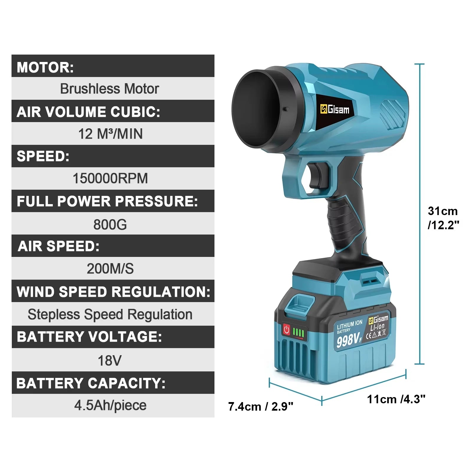 Gisam 200M/S Brushless  Leaf Blower 150000RPM Handheld Electric Turbo Blowers Jet Fan Dust Blowing for Makita 18V Battery Pins