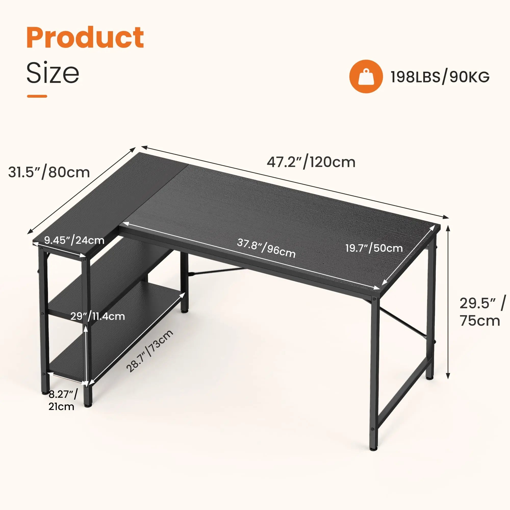 JHK 47" L-Shaped Corner Desk – Reversible Storage Shelves, X-Brace Steel Frame for Home Office & Gaming