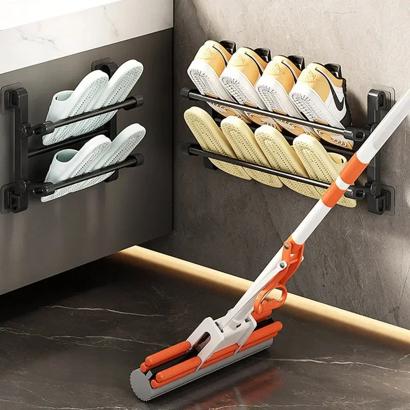 Wall-Mounted Folding Shoe Rack – No-Drill Bathroom Storage Organizer
