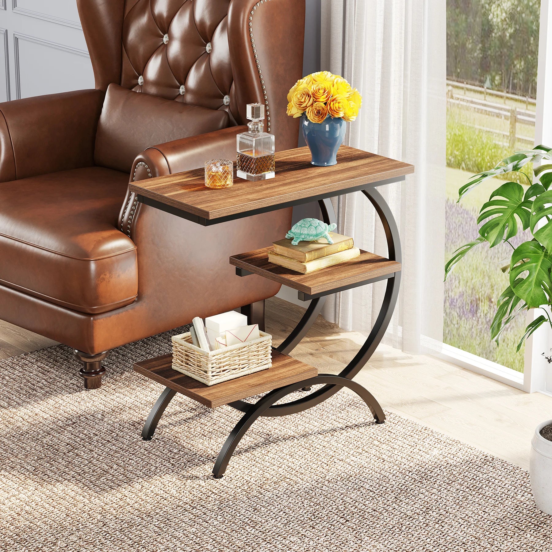 Tribesigns C-Shaped End Table with 3-Tier Storage Shelves | Industrial Sofa Side Table