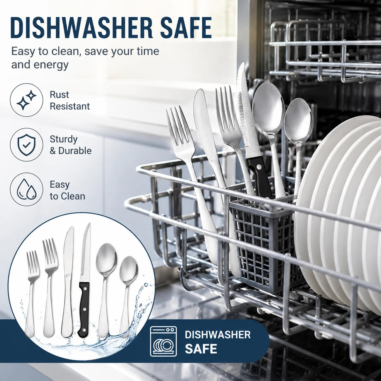 24-Piece Mirror Polished Stainless Steel Flatware Set — Service for 4 with Steak Knives, Dishwasher Safe