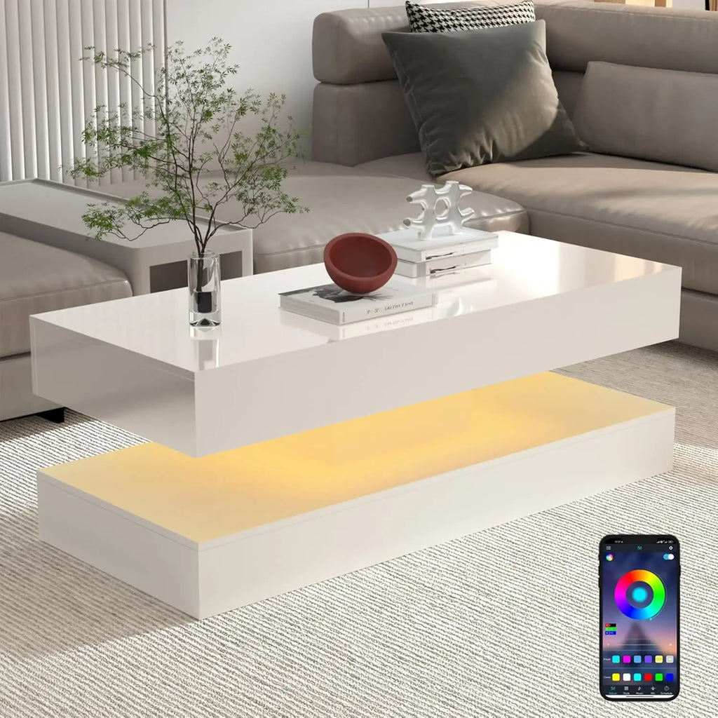 LED Coffee Table with 2 Storage Drawers — 20-Color RGB, Double-Layer, High Gloss Black
