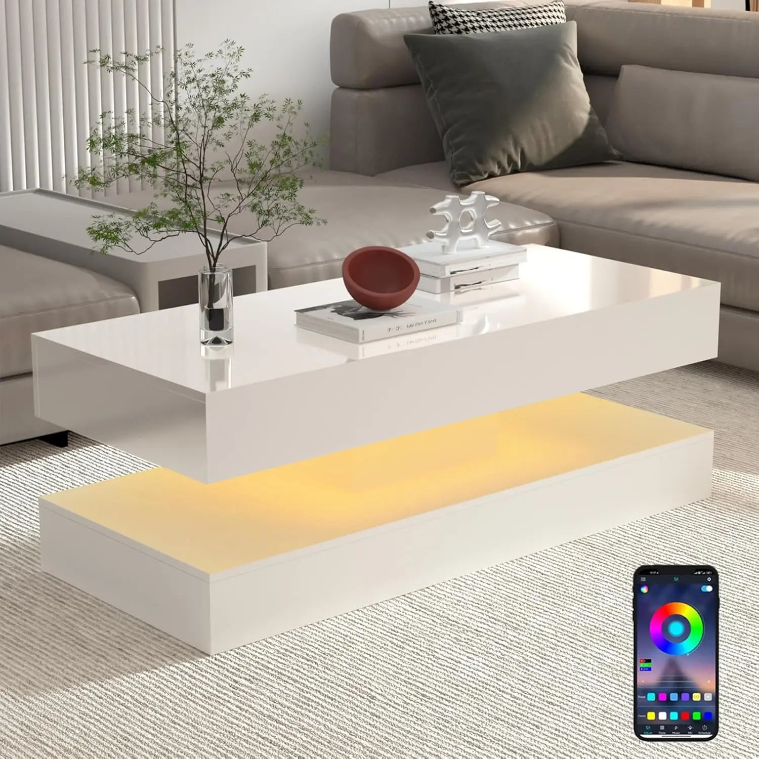 LED Coffee Table with 2 Storage Drawers — 20-Color RGB, Double-Layer, High Gloss Black