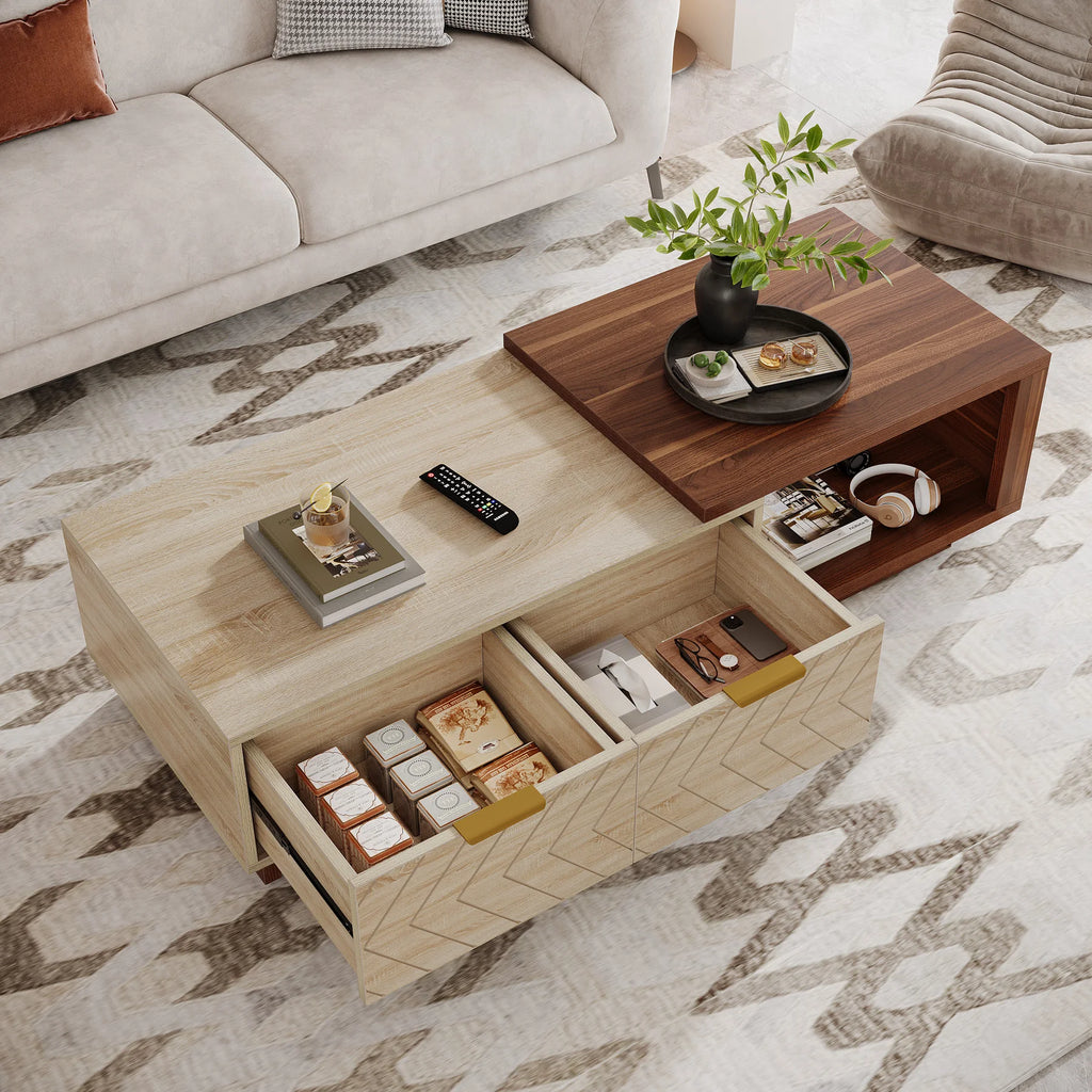 Extendable Coffee Table 42"–65" | Dual-Tone Walnut & Oak, 2 Drawers, Brass Hardware — Minimalist Modern