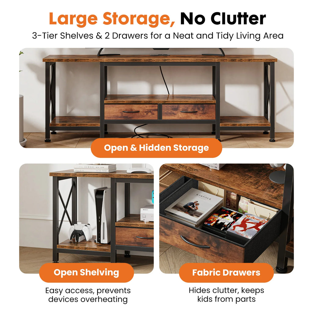 TV Stand for 70"/75" TVs — Media Console with Charging Station, 2 Fabric Drawers & 4 Open Shelves