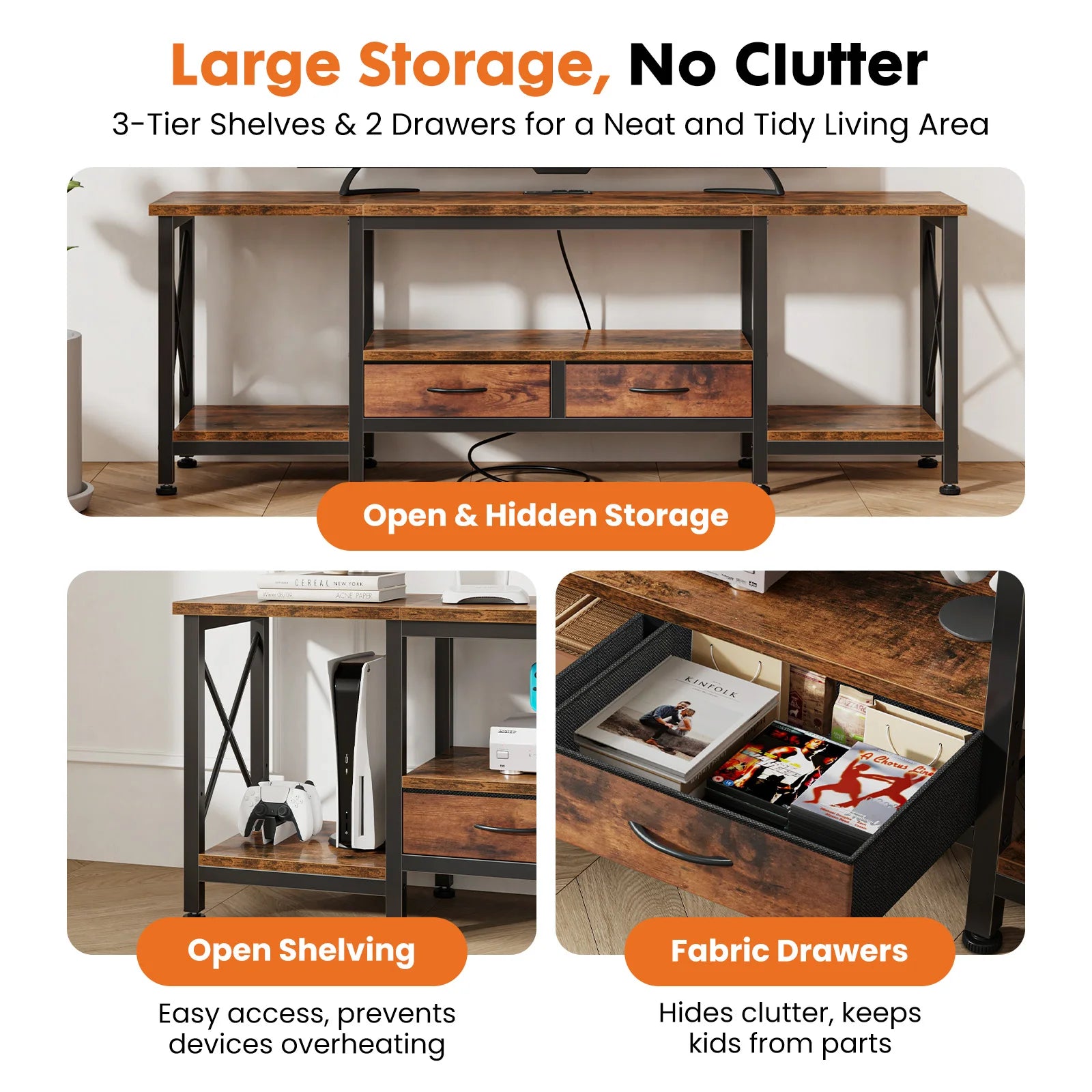 TV Stand for 70"/75" TVs — Media Console with Charging Station, 2 Fabric Drawers & 4 Open Shelves