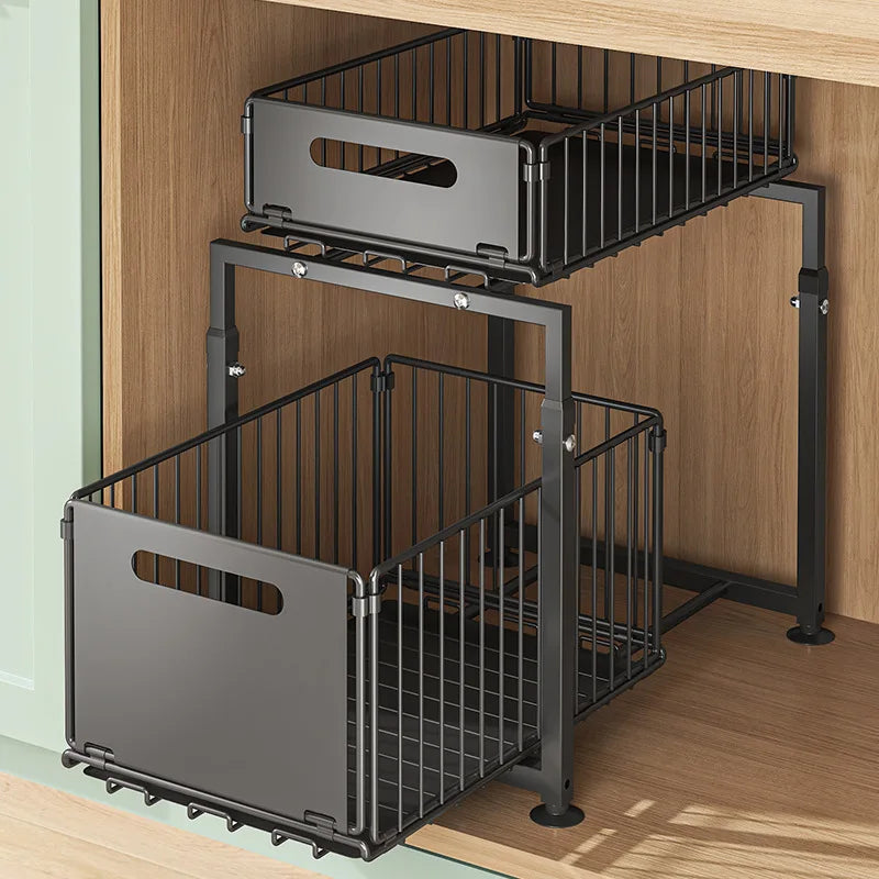 AEHOME 2-Tier Slide-Out Cabinet Organizer | Heavy Duty Steel, Under Sink Storage for Kitchen & Bathroom