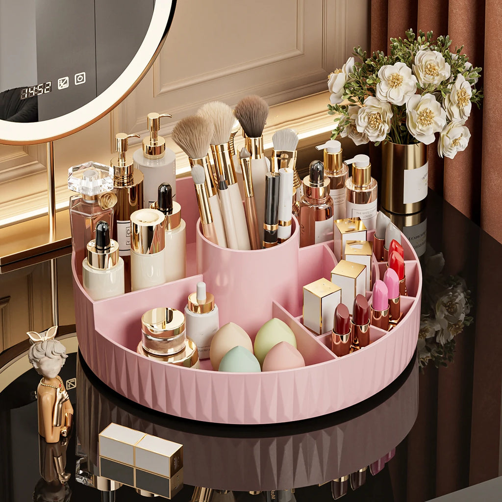 360° Rotating Makeup Organizer — Multi-Compartment Storage for Lipstick, Brushes & Skincare