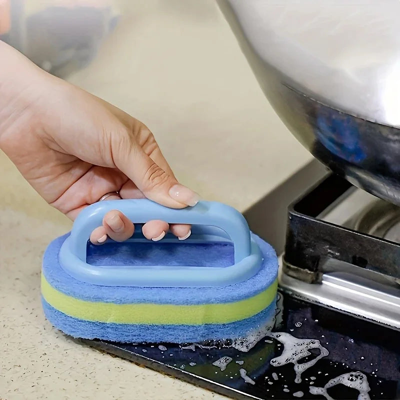 Handled Double-Layer Sponge Cleaning Brush | Tile, Kitchen & Bathroom Scrubber