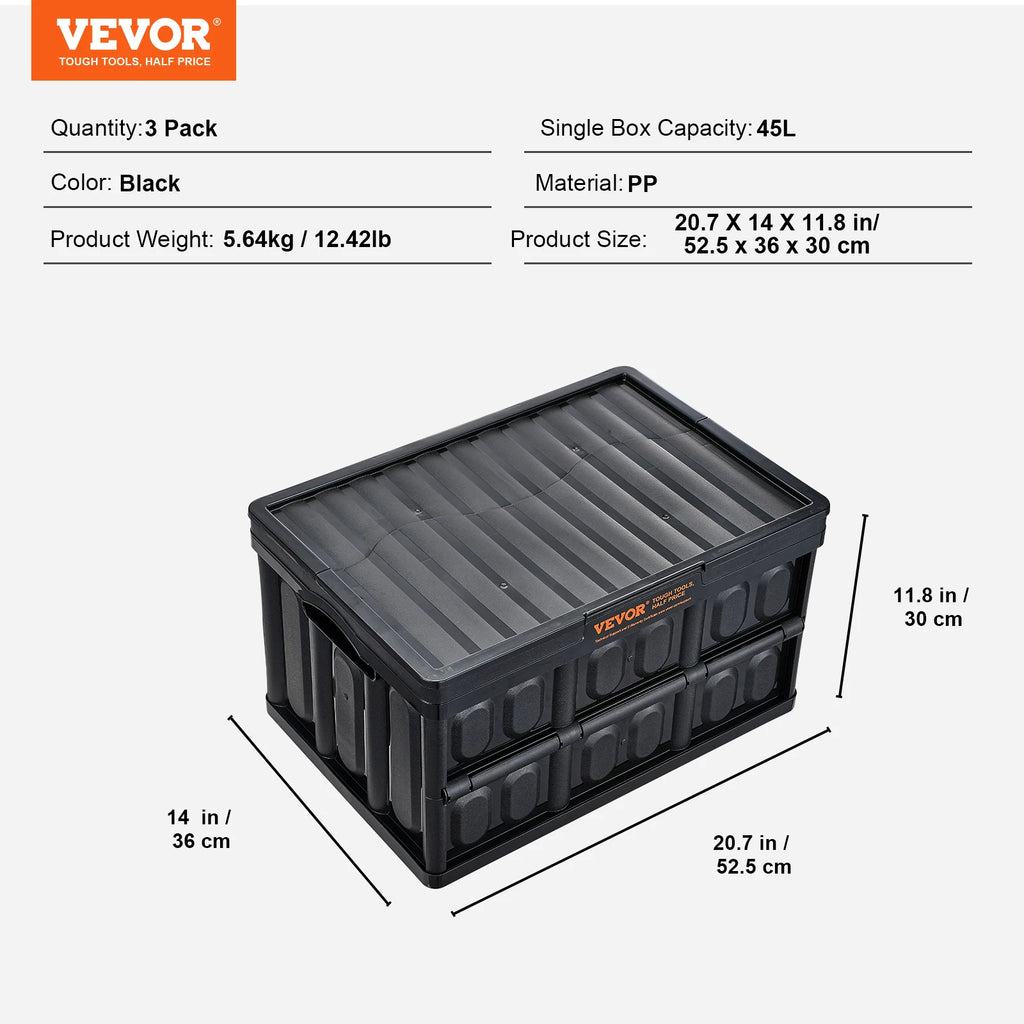 SucceBuy Set of 3 45L/65L Collapsible Storage Bins Folding Stackable Utility Garage Crates with Lids for Clothes Snack Grocery