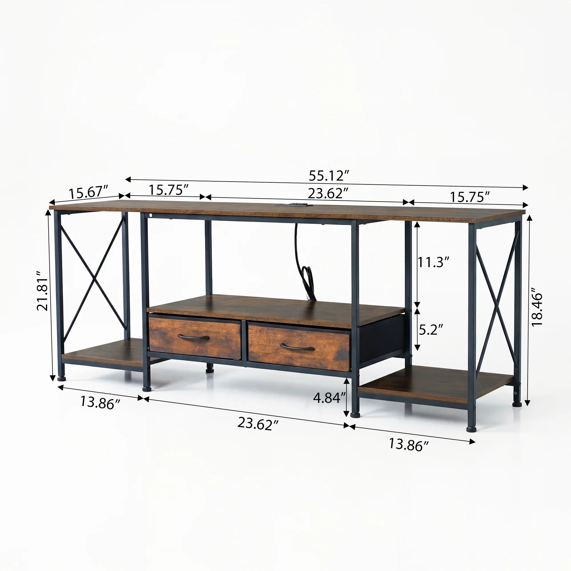 TV Stand for 70"/75" TVs — Media Console with Charging Station, 2 Fabric Drawers & 4 Open Shelves