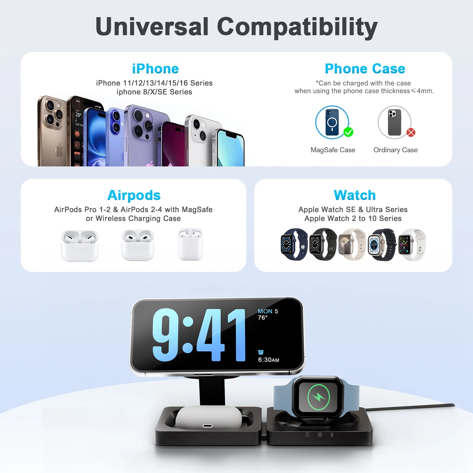 3-in-1 Magnetic Wireless Charging Station | MagSafe Fast Charger for iPhone, Apple Watch & AirPods