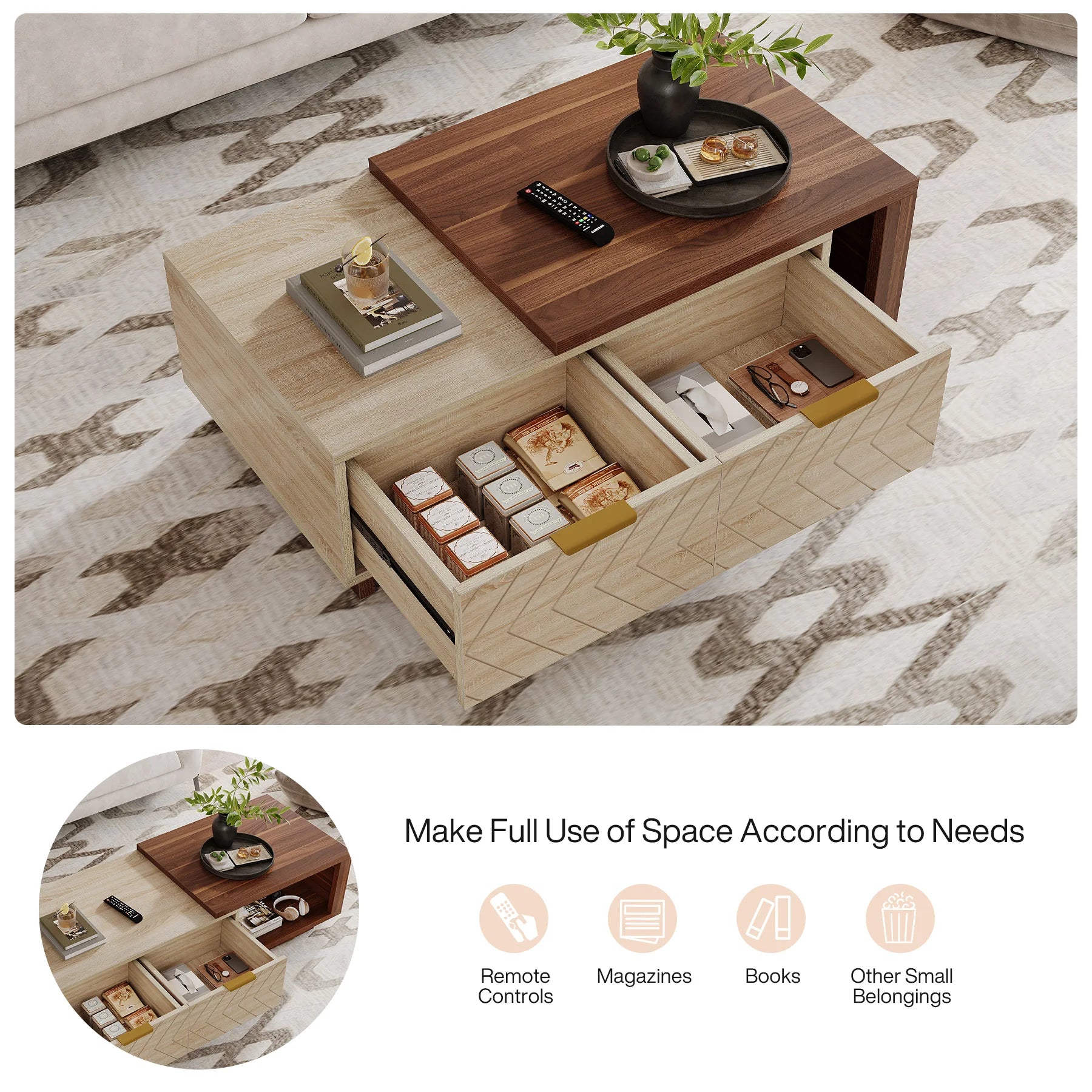 Extendable Coffee Table 42"–65" | Dual-Tone Walnut & Oak, 2 Drawers, Brass Hardware — Minimalist Modern
