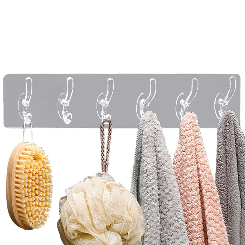 Transparent Multi-Hook Wall Organiser Rack - Seamless Adhesive Hanger for Bathroom, Kitchen & Hallway