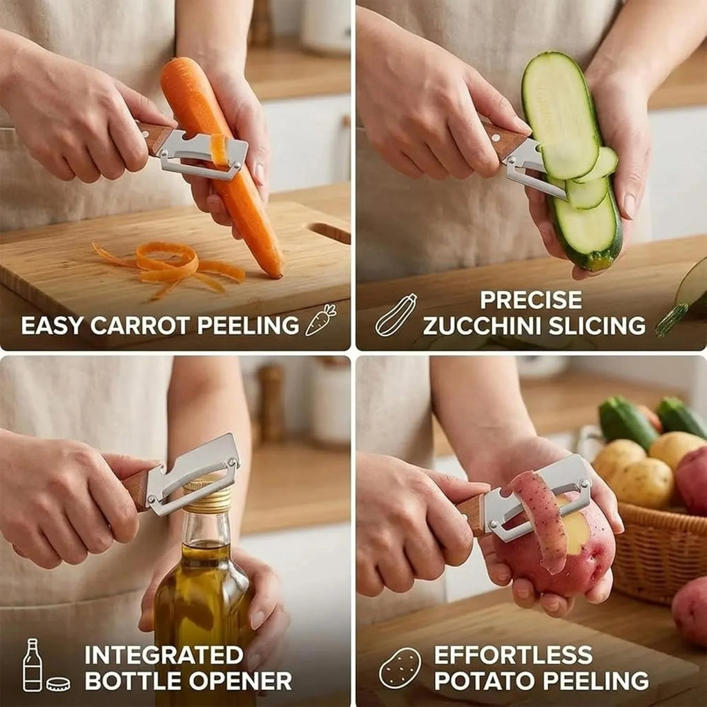 2-Pack 2-in-1 Vegetable & Fruit Peeler with Bottle Opener — Stainless Steel Blade, Wooden Handle, Zero Snag