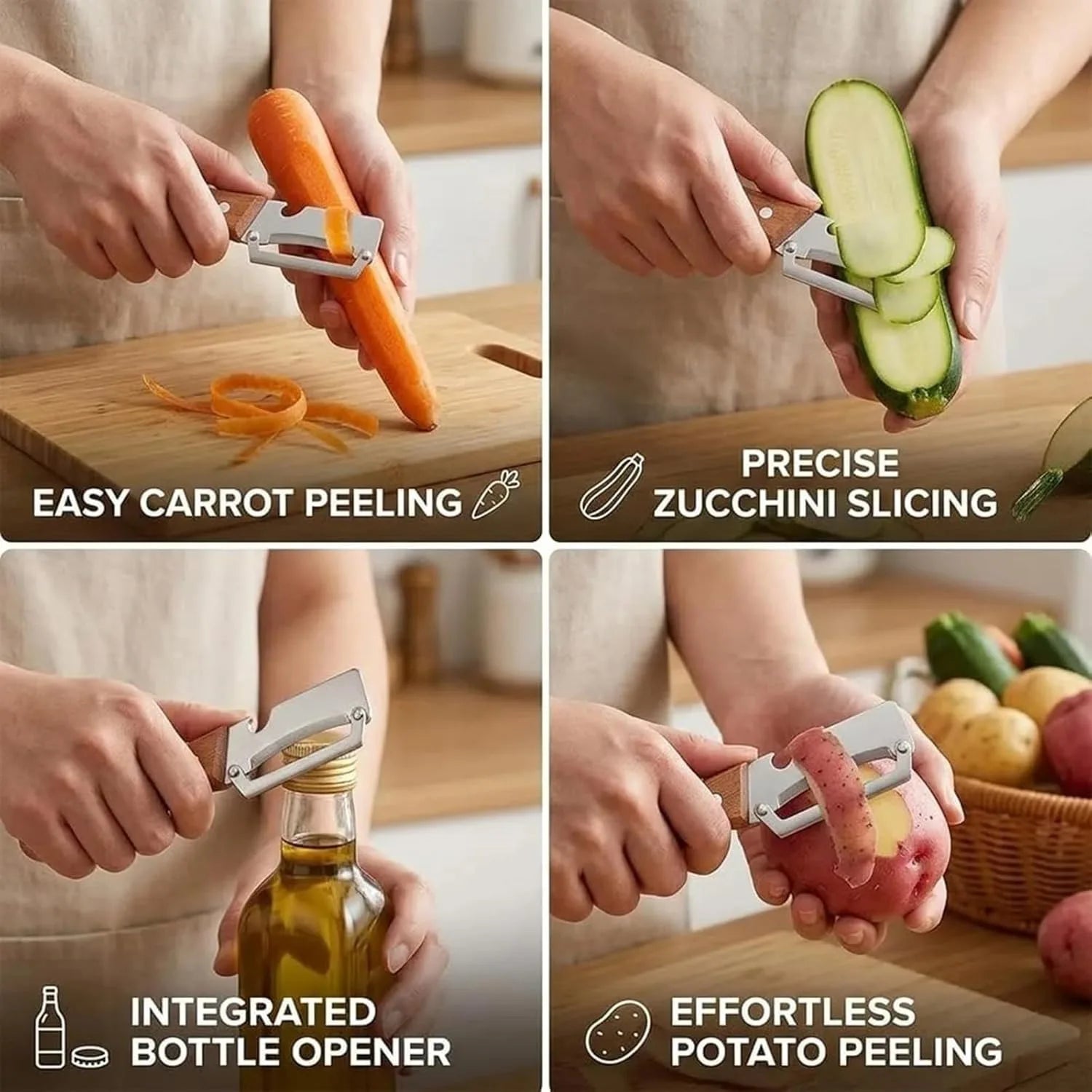 2-Pack 2-in-1 Vegetable & Fruit Peeler with Bottle Opener — Stainless Steel Blade, Wooden Handle, Zero Snag