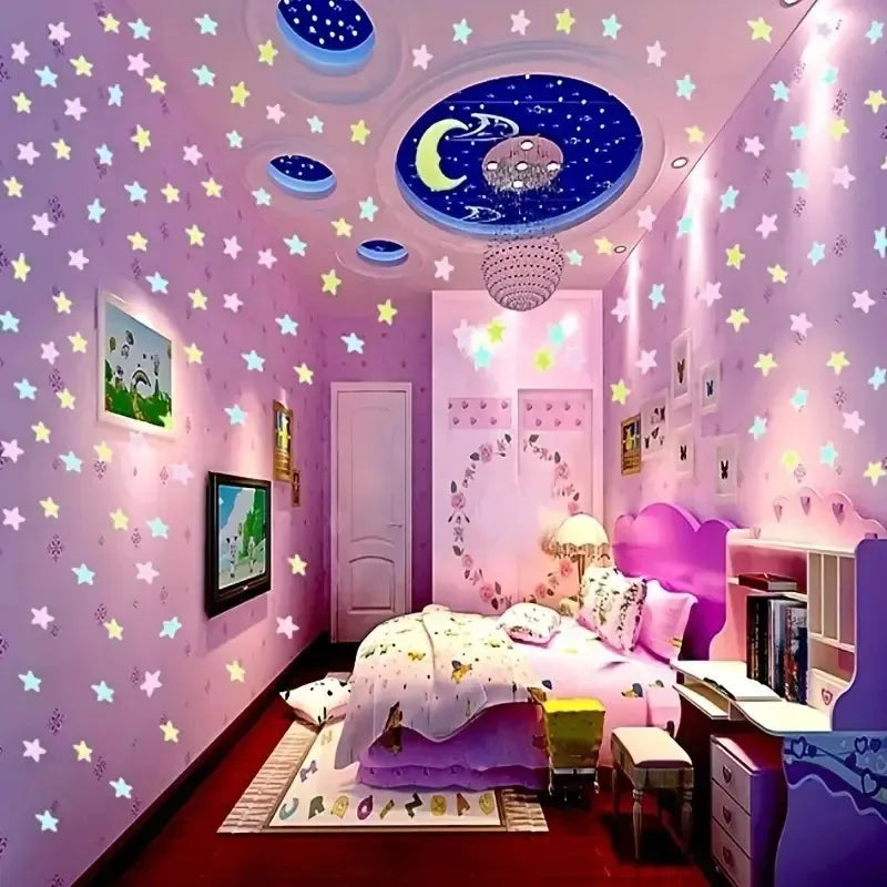 100 Pcs Colorful Glow in The Dark Star Stickers - Luminous Fluorescent Noctilucent Plastic Decals for Bedroom Ceiling & Wall Decor Home Art Murals
