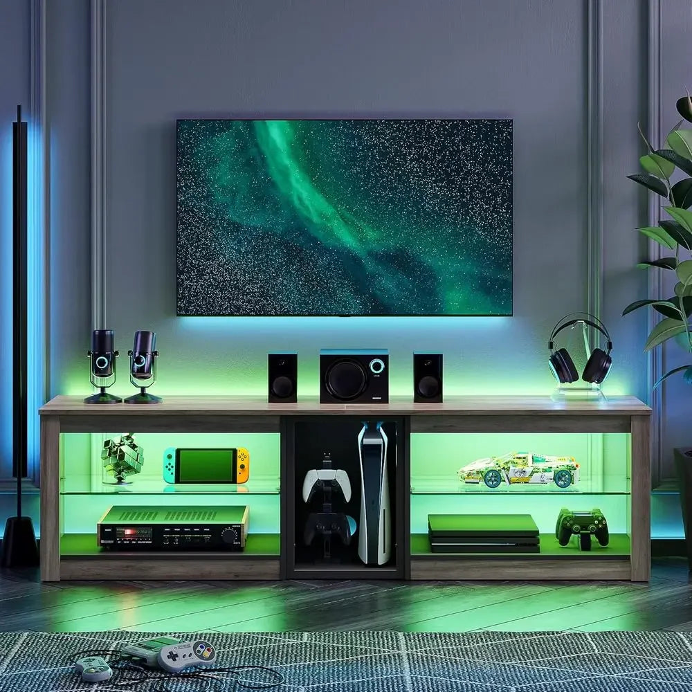 63" LED Gaming TV Stand for Up to 70" TVs — 5 Open Compartments, Adjustable Glass Shelves, Grey Wash