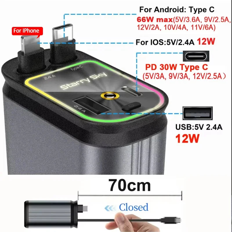 4 in 1 car charger, purple 120W car charger with star spotlight, with charging cable & 2 charging ports, GM charging