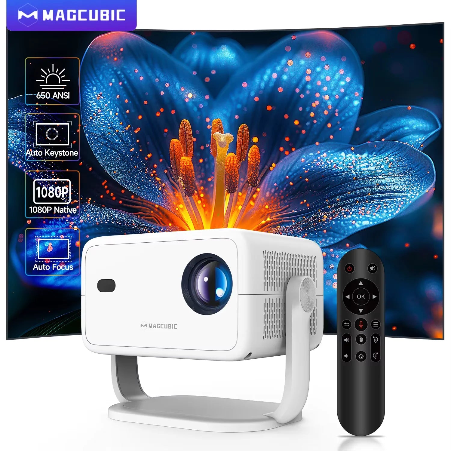 Magcubic 650ANSI L018 8K Projector Native 1080P Home Cinema Auto Focus Keystone Android 14 WiFi6 Portable Projector for Outdoor