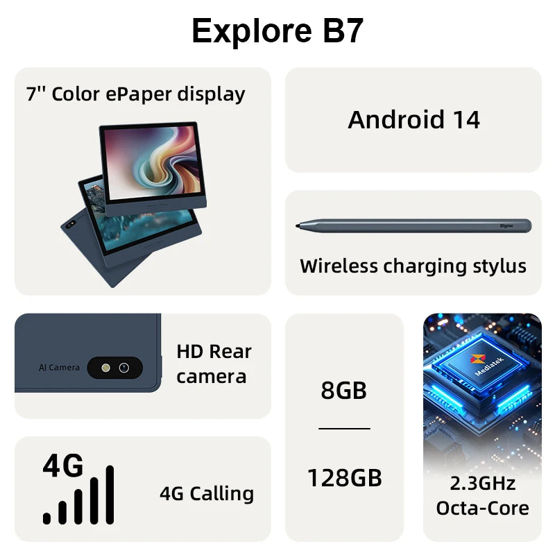 Bigme B7 ereader, 7'' e ink ebook reader, 8+128GB, Android 14 open system, Handwritten ebooks e reader tablet w/ 5MP rear camera