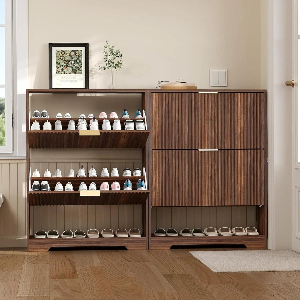 Slim Fluted Shoe Cabinet with 2 Flip Drawers — Hidden Storage, Adjustable Shelves, Anti-Tip, 30"W