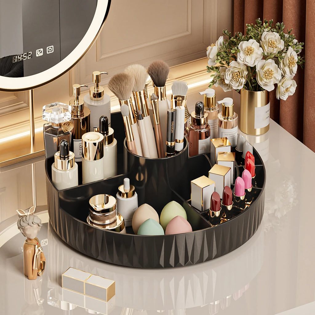 360° Rotating Makeup Organizer — Multi-Compartment Storage for Lipstick, Brushes & Skincare