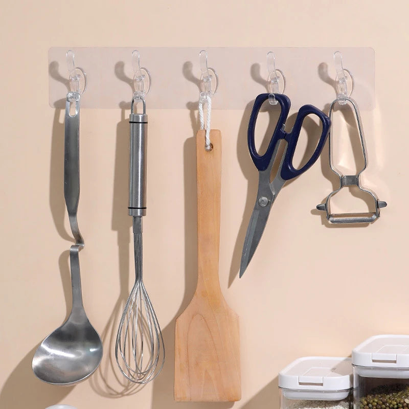 Transparent Multi-Hook Wall Organiser Rack - Seamless Adhesive Hanger for Bathroom, Kitchen & Hallway