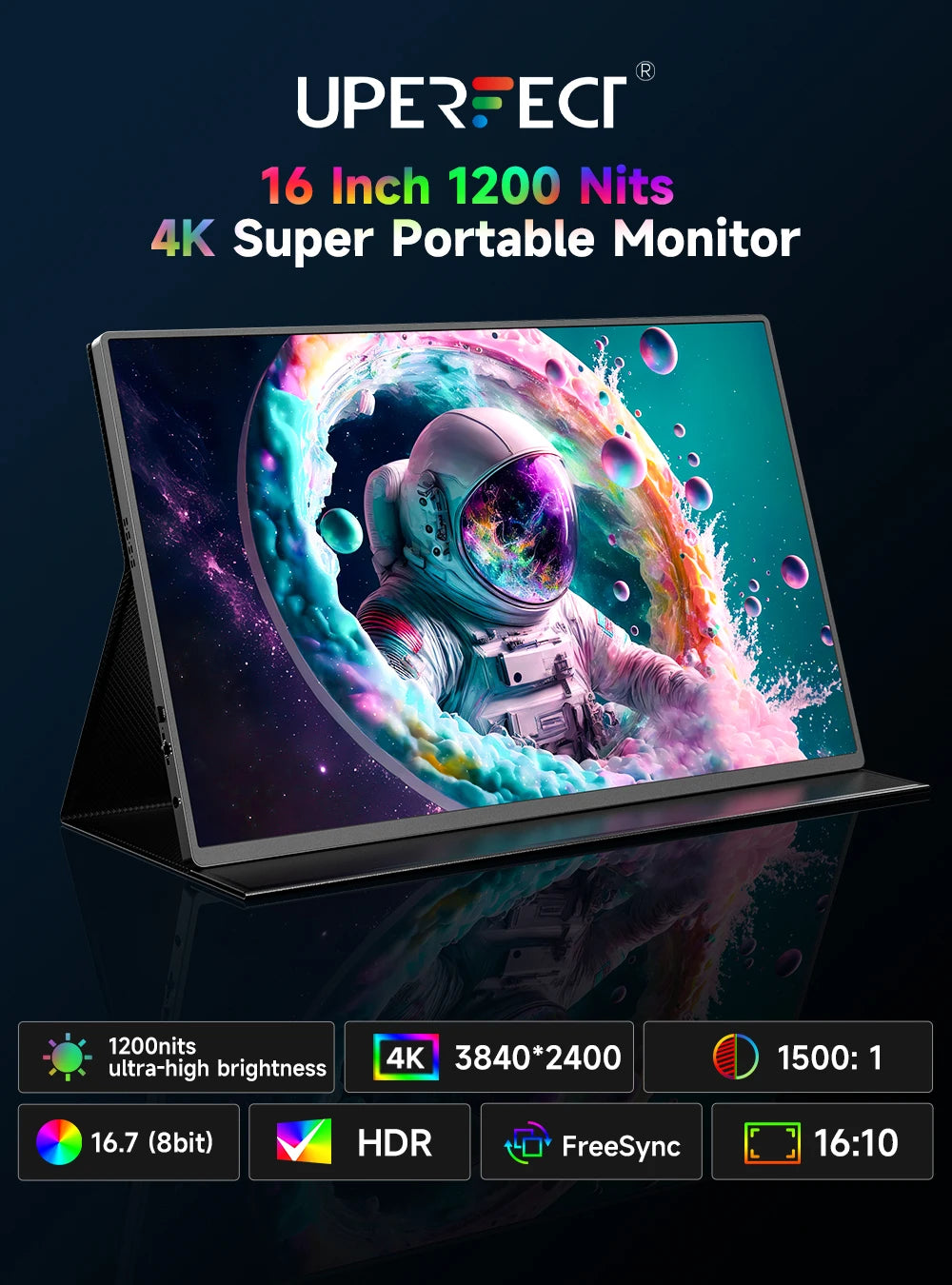 UPERFECT 16" 1200Nits Portable Gaming Monitor 4K IPS Laptop Screen 3840x2400 Travel Office Computer PC Display For Phone Switch