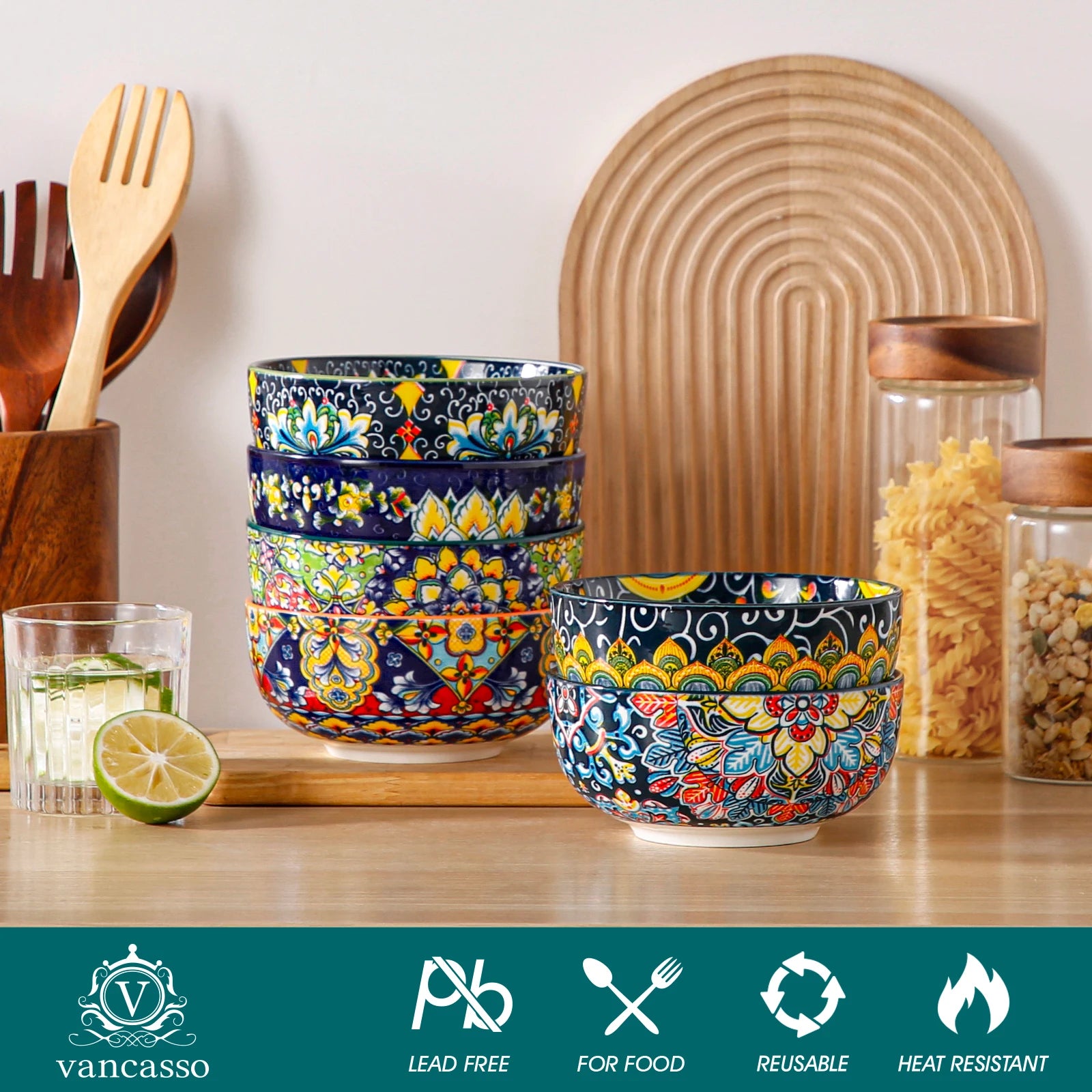 Vancasso Bohemian Ceramic Bowl Set – 6 or 12 Piece, 28 oz Porcelain Bowls for Cereal, Soup, Salad & Pasta