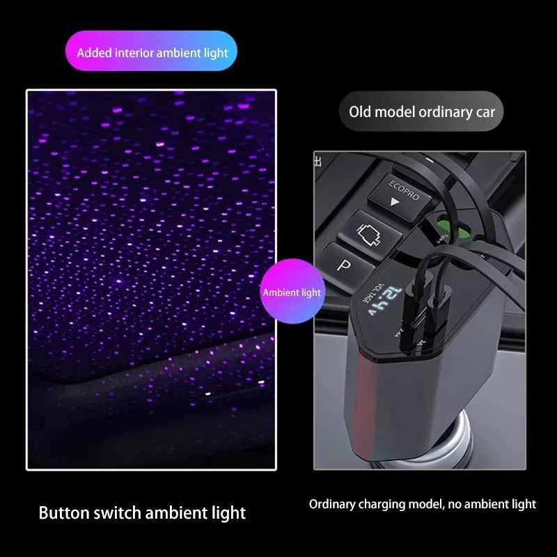 4 in 1 car charger, purple 120W car charger with star spotlight, with charging cable & 2 charging ports, GM charging